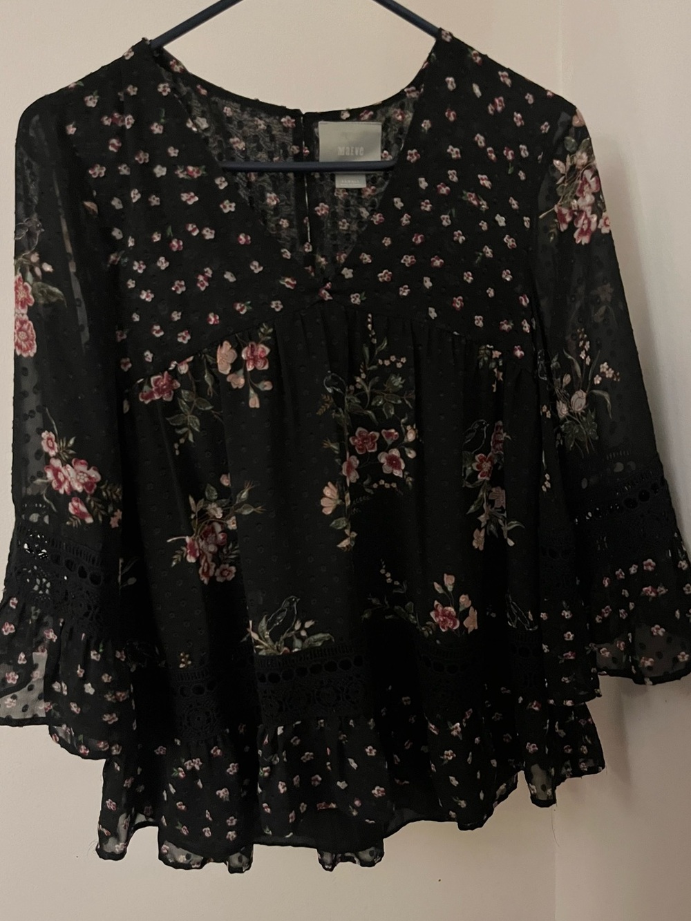 Women's Maeve by Anthropologie Black Lace Bell-Sleeve Blouse with Floral Pattern